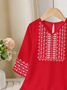 SHEIN Elegant Vintage Kaftan Robe For Baby Girl, Burgundy Red, Suitable For Spring/Summer And Festivals - Multicolor - View 4
