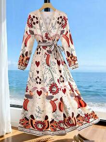 Franclia Women's Casual Tropical Print Dress For Vacation Unique Dress European Dress French Style Dress Turkish Dress Ukrainian Clothing Boho Summer Dress Women Women Dresses Vacation Long Sleeve Summer Dresses Italy Summer Dress Amalfi Coast Outfits - Multicolor - View 8