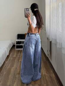 StreetHx Quần jean nữ ống rộng dáng suông có túi, kiểu dáng thường ngày, đa năng. - Màu xanh lam - Xem 2