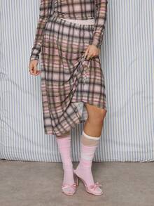 COUREZ 低腰网纱格纹中长裙/Y2K风格春季女装，可爱性感外出裙两件套，约会之夜情人节穿搭 - 彩色 - 查看 5