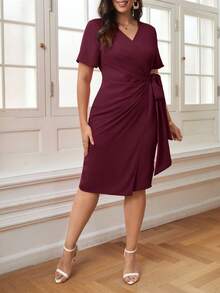 SHEIN Privé Đầm midi tay ngắn cổ chữ V màu tím nhạt dành cho nữ cỡ lớn, có dây buộc bên hông, thanh lịch cho buổi hẹn hò lãng mạn. - Màu Đỏ Sâu - Xem 5