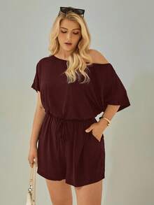 SHEIN Essnce 大码女式连体裤，夏季服装，短裤，露肩可爱款，夏季女装，派对服装，夏季女装度假服装，女士休闲连体裤 - 玫瑰紅 - 查看 4