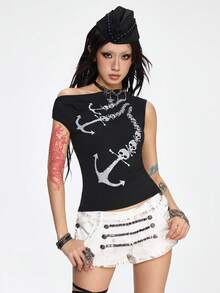 ROMWE Grunge Punk Áo thun trẻ em ôm sát in hình đầu lâu, mỏ neo tàu cướp biển, vai chéo, màu tối theo phong cách Y2K. - màu đen - Xem 5