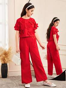 Young Girl Elegant Round Neck 3D Flower Decor Blouse & Pants Set Young Girl - Red - View 5