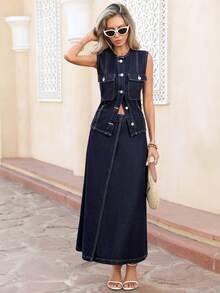 Selianne 女士休闲A字牛仔迷你裙，适合日常通勤 - 深色水洗藍 - 查看 7