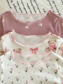 LMoss Kids 6件套女婴针织小熊和碎花圆领T恤和裤子睡衣套装 - 彩色 - 查看 5