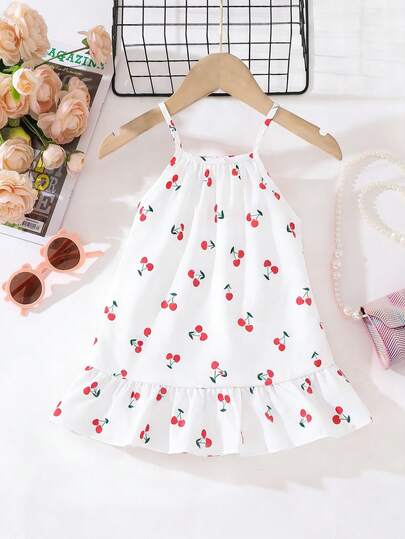 SHEIN Playful Pals Infant/Baby GirlSleeveless Dress With Vibrant Cherry Print On White Background, Lively And Fresh Design, Suitable For Summer