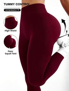 Seamluxe SHEIN Sport 女士高腰无缝酒红色运动紧身裤 - 酒紅色 - 查看 2