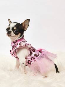 PETSIN 1pc Velvet Leopard Splice Tulle Ruffle Collar Dog Dress For Dogs, Fashion Pet Apparel