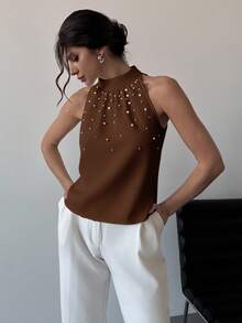 Firerie Elegant Sleeveless Collared Pearl Decor Fitted Blouse, Minimalist Style For Work, Spring/Summer - Coffee Brown - View 7