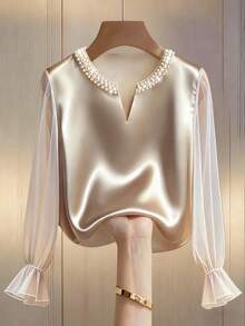 Franclia Women's Elegant Faux Pearl Beaded Mesh Patchwork Blouse, Autumn - Apricot - View 1