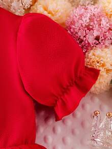 Youth Girls Red Puff Sleeve Short Dress With Stand Collar Zipper And Halloween Pattern - Red - View 5
