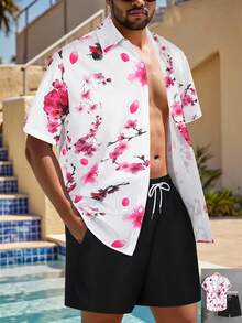 Manfinity Swimmode 印花短袖纽扣衬衫短裤套装，休闲款 - 彩色 - 查看 3