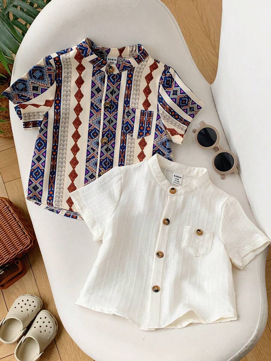SHEIN Bộ 2 món áo sơ mi cổ trắng họa tiết mùa hè cho bé trai, thích hợp cho tiệc sinh nhật, tiệc tưng bừng, tiệc tối, biểu diễn, đám cưới, tiệc mừng em bé chào đời, lễ rửa tội và lễ kỷ niệm sinh nhật lần thứ nhất. - Nhiều màu - Xem 1