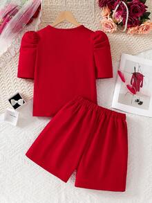 少女优雅通勤珍珠蝴蝶结泡泡袖修身上衣+二合一半裙短裤针织T恤套装 - 酒紅色 - 查看 2