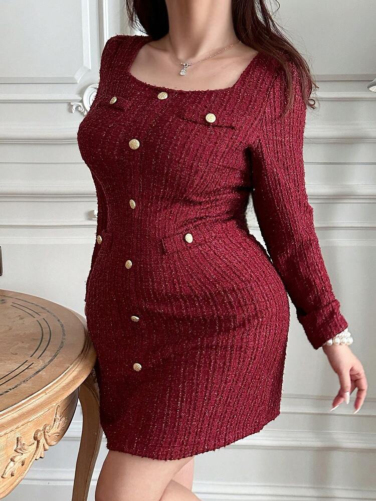 Dazy Plus Valentine Plus Size Women's Elegant Textured Fabric Square Collar Fitted Dress, Suitable For Work And Commute, Spring/Autumn Sundress