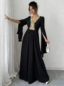 Rafferiza Women's New Arrivals: Spring, Summer, Autumn - Elegant And Glamorous - Birthday Party, Evening Party, Vacation, Everyday Wear - Muslim Style - Black And Gold Style - Black Robe Dress, Gold Robe Dress, Gold Lace Dress, Elegant Long Dress, Day Dress, Long Dress, Festival Wear, Party Wear, Sparkling Dress, Wedding Guest Dress, Elegant Party Dress, Carnival Dress, Summer Dress, Women's Long Summer Dress, Women's Spring Dress - Black - View 3