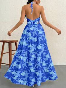 Firerie Đầm chữ A xếp ly hở lưng cổ chữ V in họa tiết lá xanh lãng mạn dành cho nữ, thích hợp cho kỳ nghỉ hè ở Hawaii. - Màu xanh lam - Xem 3