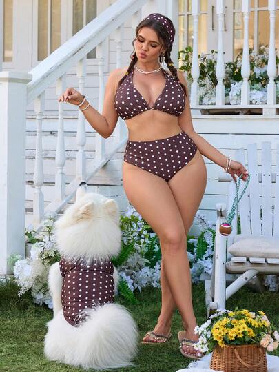 Swim Mod Große Größen Damen 2 Stücke Bikini-Set mit Kaffee-Polka-Punkt-Muster, Zweiteiler Badeanzug, lässiger Urlaubsstil