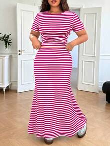 SHEIN EZwear 大码女式休闲度假通勤条纹印花短袖T恤和鱼尾裙两件套，春夏款 - 玫紅色 - 查看 3