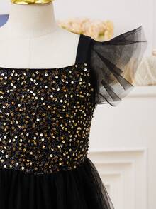 Đầm ngắn dáng chữ A xếp lớp tay ngắn đính sequin lưới cho bé gái dự tiệc cưới, tiệc tùng, sinh nhật, biểu diễn. - màu đen - Xem 3