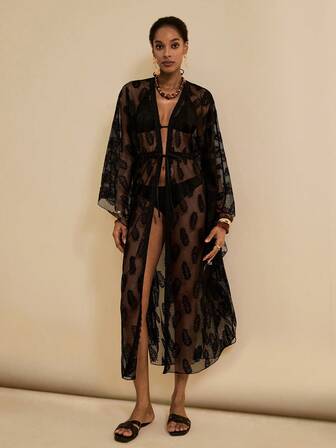 Vesra Women's Vacation Plant Print Mesh Belted Kimono Cover Up