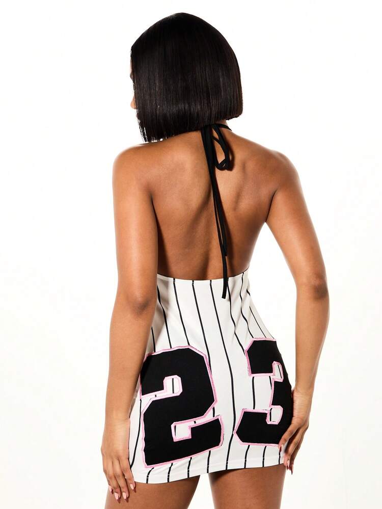 SUMWON WOMEN Halterneck Baseball Jersey Mini Dress