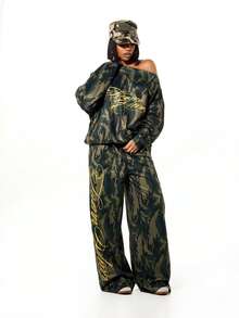 SUMWON WOMEN Oversized Off Shoulder Camouflage Sweatshirt With Script Print Long Sleeve Boxy Fit Pullover For Casual Winter Fall Style - Army Green - View 3