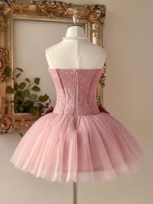 Lovelzi Elegant Dusty Pink Romantic Lace & Mesh Puff Skirt Bandeau Boned Bodice With Detachable Bow Tie Back Adjustable Straps, Suitable For Beach, Date, Birthday, Party, Graduation, Wedding, Prom - Dusty Pink - View 3