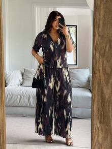 Vionelle 两件套加大码女式扎染短袖纽扣上衣和裤子套装 - 紫色 - 查看 7