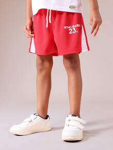 SUMWON Jungen Raglan Ärmel Zwei-Teiler Kurzarm T-Shirt und Shorts Koordinations-Set mit Markenaufdruck für lässiges Sommeroutfit - Rot-Weiß - Übersicht 4