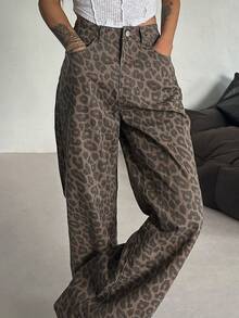 DAZY 女士休闲宽松直筒豹纹牛仔裤 - 咖啡棕 - 查看 6
