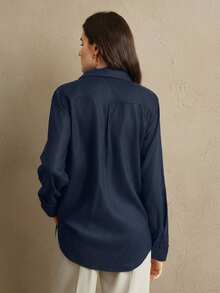 Anewsta Women's Linen Embroidered Long Sleeve Blouse, Elegant Vacation Shirt Top In Navy Blue, Indigo Blue, Gold With Rhinestones, Spring/Summer - Royal Blue - View 4