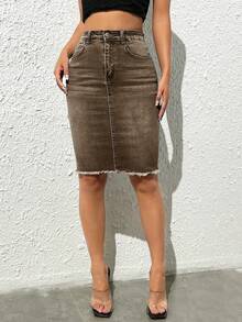 EMERY ROSE Women's High Waist Pocket Frayed Hem Fashion Pencil Denim Skirt - Coffee Brown - View 6