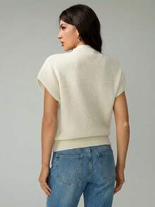 SHEIN Tall 女士休闲纯色简约立领短袖毛衣 - 杏色 - 查看 2