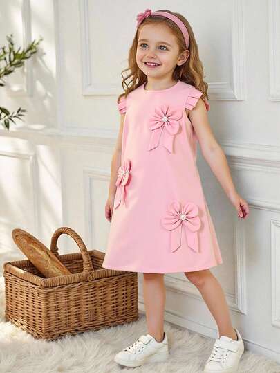 情人节少女粉色无袖3D立体玫瑰花装饰连衣裙，舒适甜美可爱，适合夏季穿着