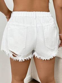 Sunnyshic High Waist Loose Solid Color Distressed Denim Shorts - White - View 2
