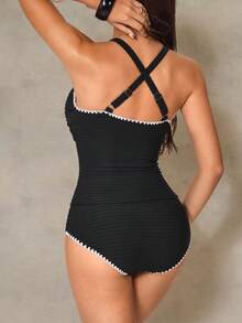 Shapewave Criss-Cross Strap Ribbed Texture Vacation Bikini Set - Black - View 2