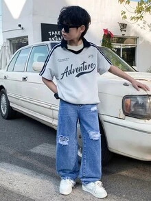 SHEIN Tween BoyBlue Distressed Loose Straight Leg Jeans - Blue - View 4