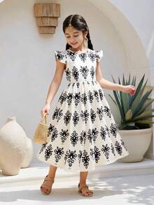 SHEIN Explorewe Đầm dài tay ngắn, thắt eo, họa tiết hoa retro dành cho bé gái tuổi teen - màu đen - Xem 5