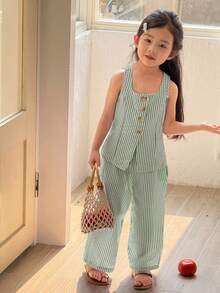 SHEIN Young Girl Casual Street Chic Commuting Fashion Striped Square Neck Sleeveless Top And Straight Leg Pants Set - Green - View 6