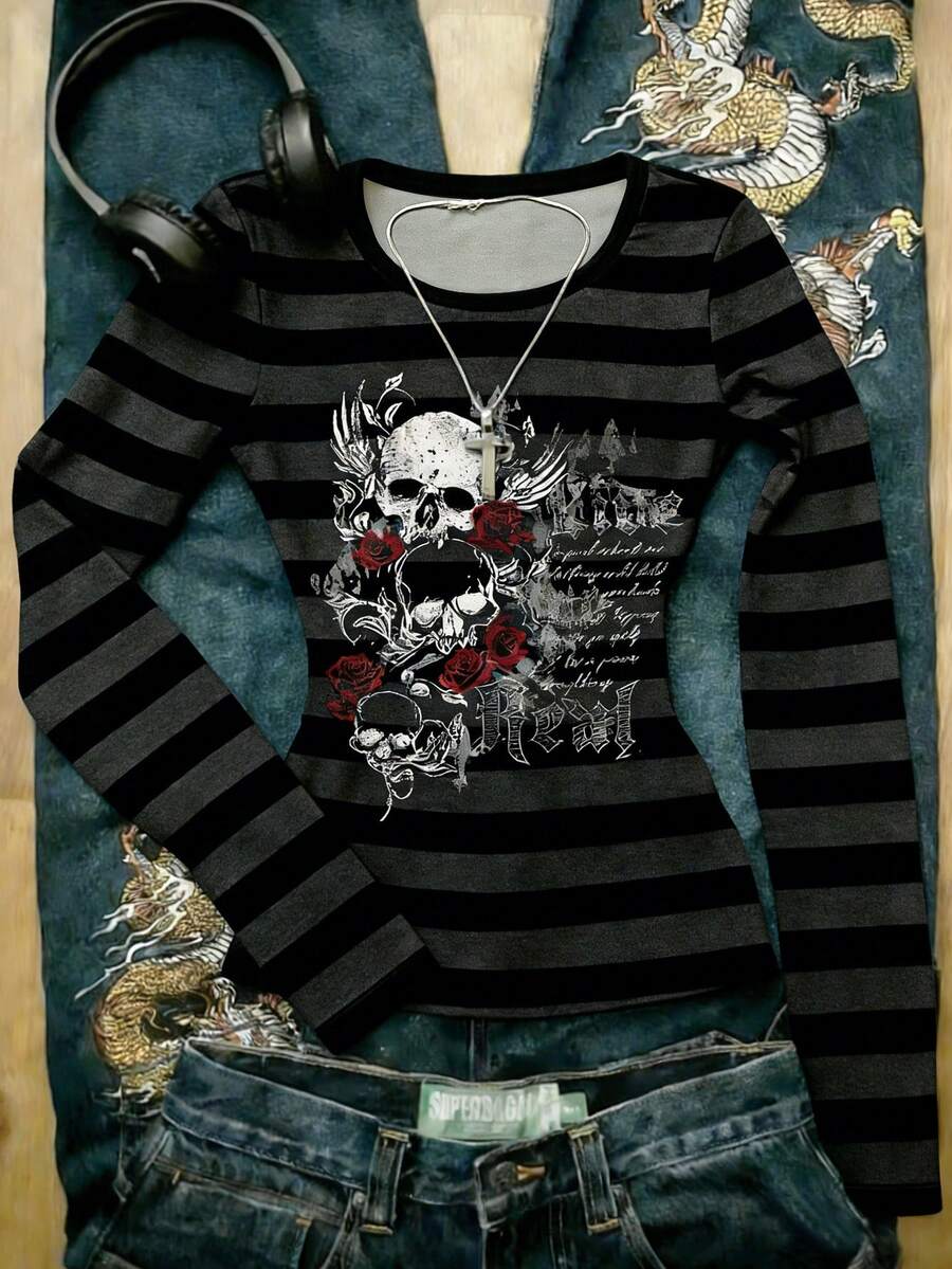 Glimmora Áo thun cổ tròn tay dài in họa tiết đầu lâu và hoa hồng cổ điển Y2K dành cho nữ, thích hợp mặc hàng ngày - Nhiều màu - Xem 1