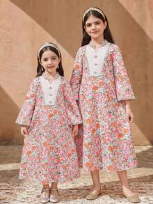 SHEIN Young Girl Floral Print Patchwork Simple Long Sleeve Casual Arabian Dress Spring/Summer Ramadan Style Matching Family Vacation - Multicolor - View 3