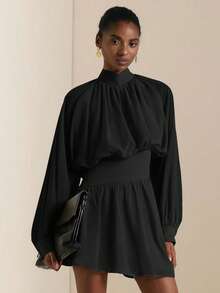 SHEIN Veneréa Autumn New Ruffled Hem Printed Long Sleeve Waist Cinched Mini Dress - Black - View 3