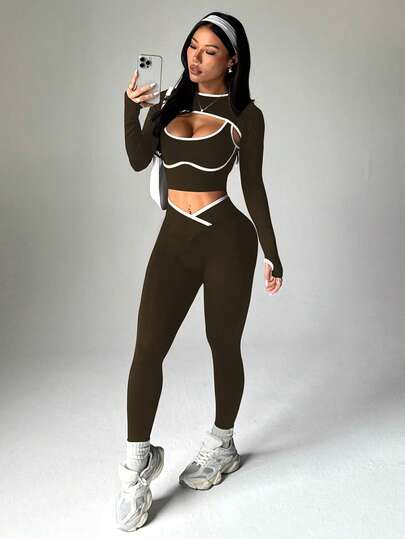 Dewbera 3pcs Women Seamless Ribbed Sports Set, Long Sleeve Shawl Collar Top, Contrast Color Tank, High Waist Tight Leggings