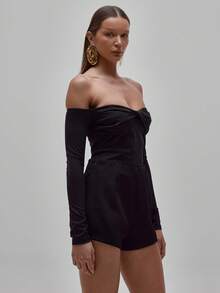 MUSERA Slinky Twist Bust Detail Fitted Long Sleeve Bodysuit,Black,Autumn,Seksi Chic,Club Night Out Elegant Occasion Valentines Bridal Wedding Party - Black - View 4