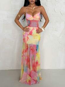 SHEIN PETITE Romantic Floral Print Dress With Spaghetti Straps And Open Back, Suitable For Dates, Vacations, Spring/Summer ,Summer Dress - Multicolor - View 3