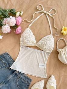 Soleia Damen 3D Blumen Dekor Ausschnitt Sexy Mode Neckholder Top, Sommerurlaub, Strandurlaub für Frauen, Lässig für Frauen - Aprikosenfarben - Übersicht 5