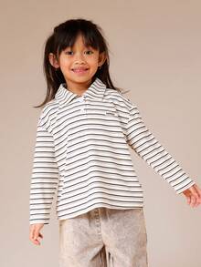 SUMWON 女童长袖条纹罗纹 Polo 衫，翻领休闲校服上衣 - 杏色 - 查看 4