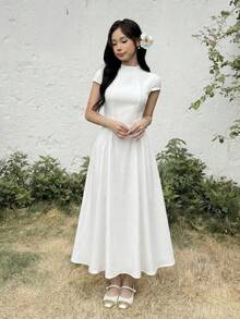 SHEIN Teen Girl Elegant Fitted Short Sleeve Waist-Cinching Solid Color Long Dress Teen Girl - White - View 2